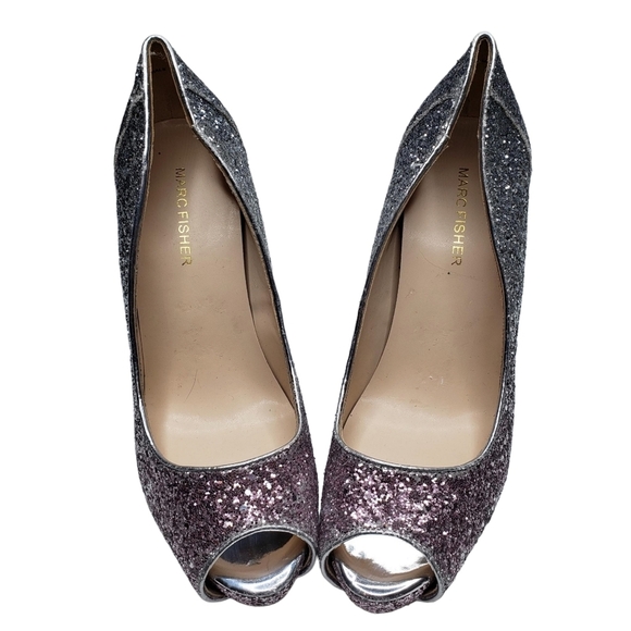 Marc Fisher | Harpy Silver Pink Ombre Glitter Peep Toe Platform Heels Women's 9 - Picture 2 of 13